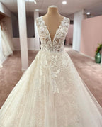 Wide Straps A Line Floor Length Deep V Neck Wedding Dress With Lace Tulle