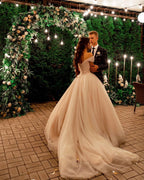 Elegant Tulle Off The Shoulder A Line Long Wedding Dress With Chapel Train