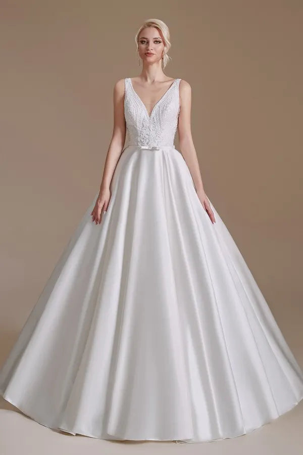 Charming A-Line Satin V-Neck Wedding Dress With Lace Appliques