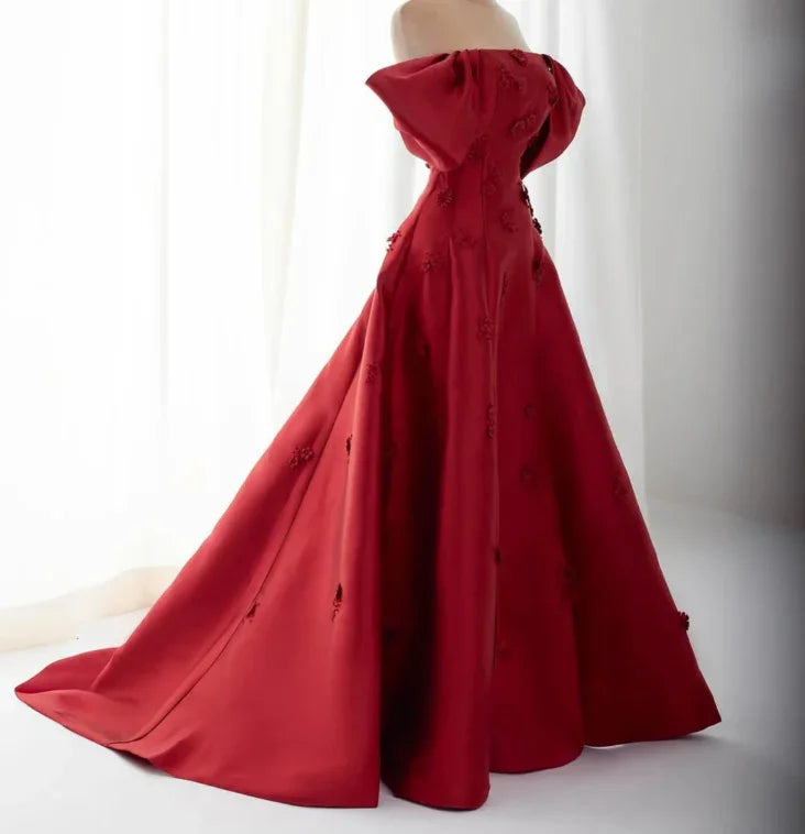 Vestido de noche burdeos elegante con flores tridimensionales y escote barco, línea A, vestido de gala Y7637