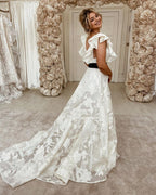Chic Off The Shoulder A Line Backless Lace Pearl Wedding Dress With Sash