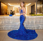 Vestido longo de baile azul real cintilante com cauda, vestido de noite sensual Y4122