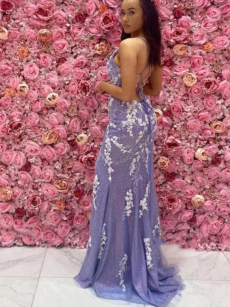 V Neck Mermaid Open Back Purple Lace Long Prom Dresses with High Slit, Mermaid Purple Formal Graduation Evening Dresses Y344