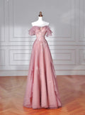 Vestido de Festa Longo Rosa Doce em Tule com Lantejoulas e Contas, Corte em A, Ombros Descobertos Y8643