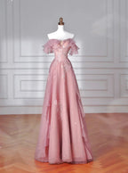 Vestido de Festa Longo Rosa Doce em Tule com Lantejoulas e Contas, Corte em A, Ombros Descobertos Y8643