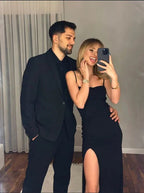 Vestido longo preto simples de alças finas com racha Y7292