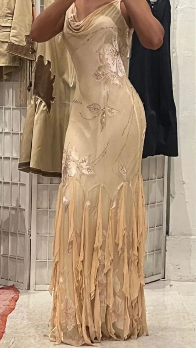 Vestido de noite sereia com alças finas únicas, chiffon estampado, folhos com contas, vestido de baile Y8254
