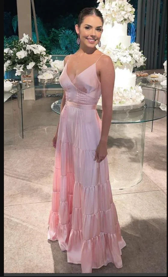 Vestidos largos de fiesta rosa con tirantes finos en línea A y escote en V Y5104