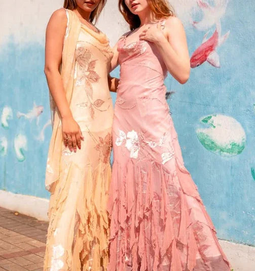 Vestido de noite sereia com alças finas únicas, chiffon estampado, folhos com contas, vestido de baile Y8254