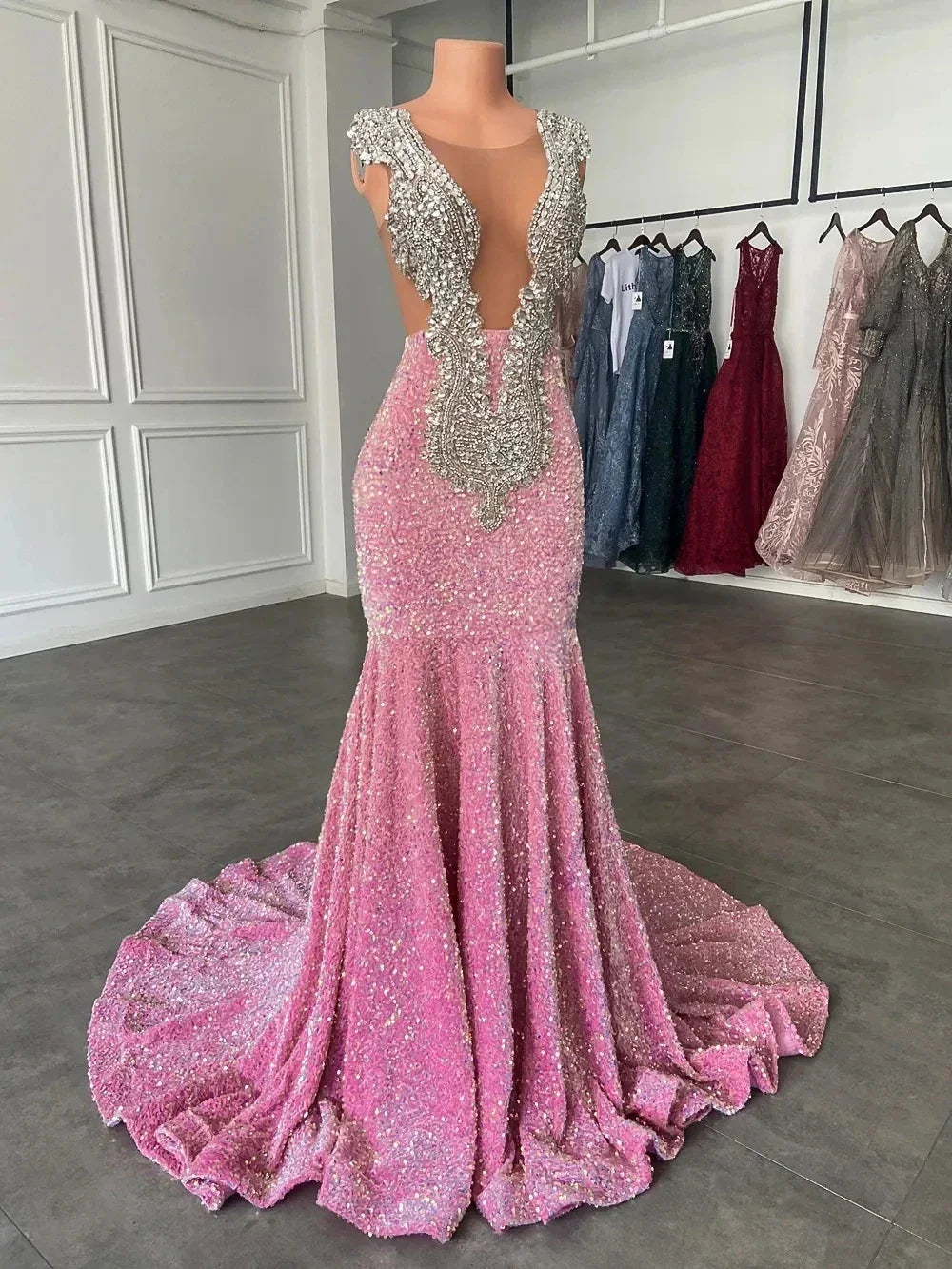 Robes de bal roses étincelantes, robe de soirée sirène rose à paillettes séduisante Y477