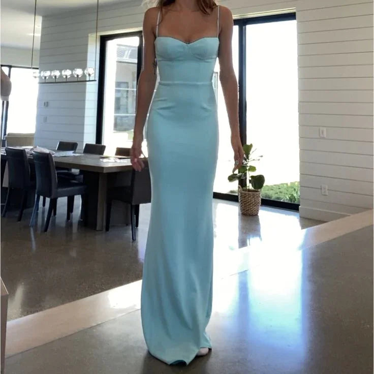 Vestido de noche elegante azul de satén con tirantes finos Y8232
