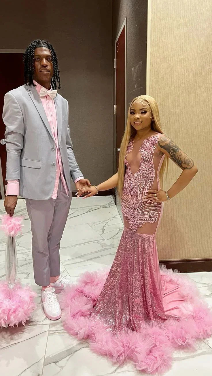 Luxurious Pink Mermaid Prom Dress Pink Evening Gown Y5451