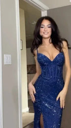 Vestido de baile sereia com lantejoulas azuis brilhantes e alças vestido de noite com racha Y7825