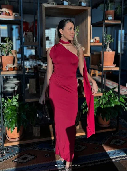 Vestido Comprido Justo para Baile de Finalistas Borgonha com Um Ombro Só Vestido de Noite Y8214