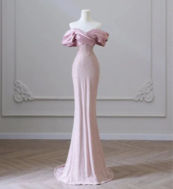Vestido de noche elegante para mujer en rosa carne con lentejuelas, escote a los hombros, para fiesta o baile de graduación Y6963