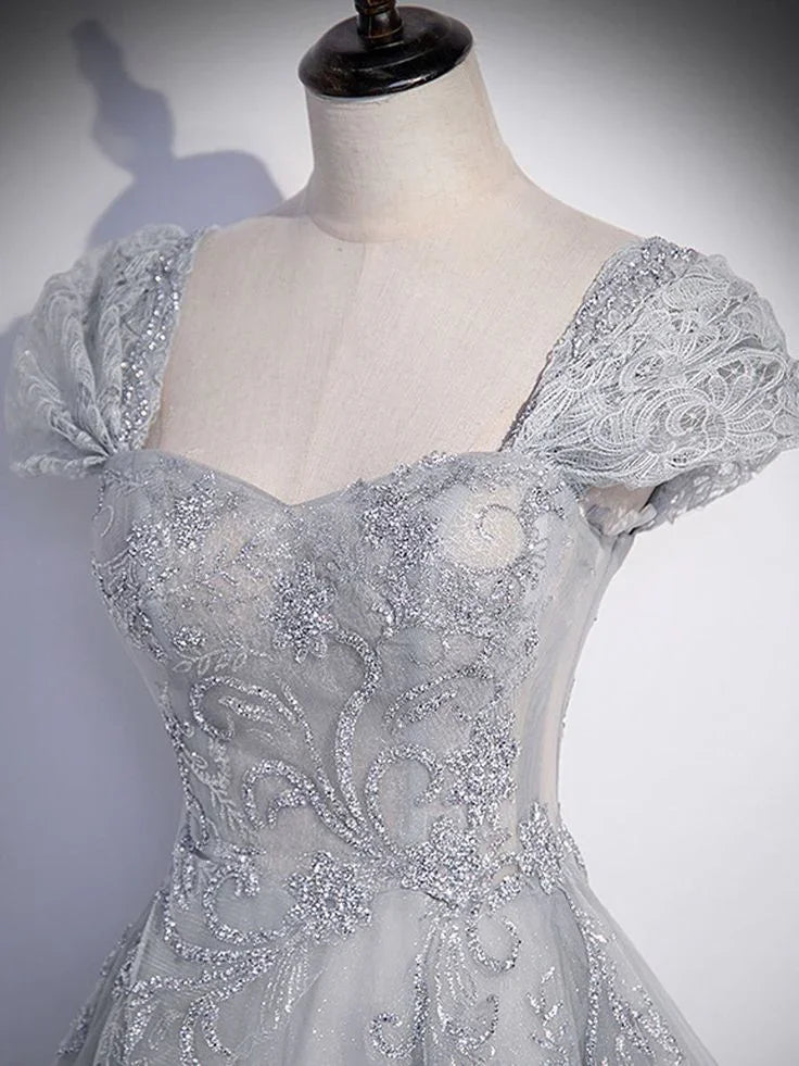 A-Line Gray Tulle Sequin Long Prom Dress Gray Formal Evening Dress Y4733