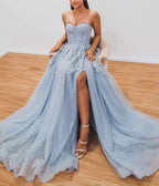 A-Line Evening Gown Sparkle & Shine Dress Formal Court Train Sleeveless Sweetheart Tulle with Beading Slit Appliques