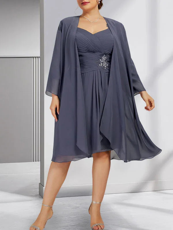 Sheath/Column Sweetheart Knee-Length Chiffon Mother of the Bride Dress With Beading Appliques Lace Sequins Pleated