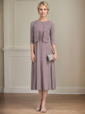A-line Scoop Tea-Length Chiffon Mother of the Bride Dress With Pleated