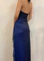 Robe longue de bal en mousseline bleu marine dégradé à col en V et dos nu, robe de soirée pour fête Y7486