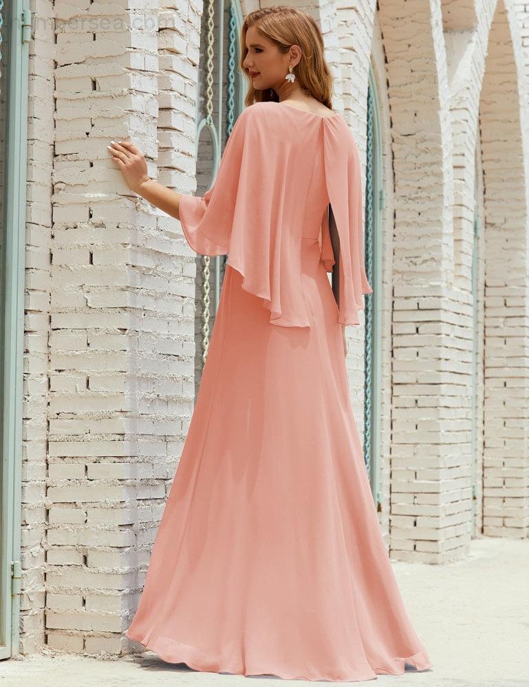 Bridesmaid Dress Women Long Sleeve V-Neck Chiffon Formal Wedding Party Dress 28018