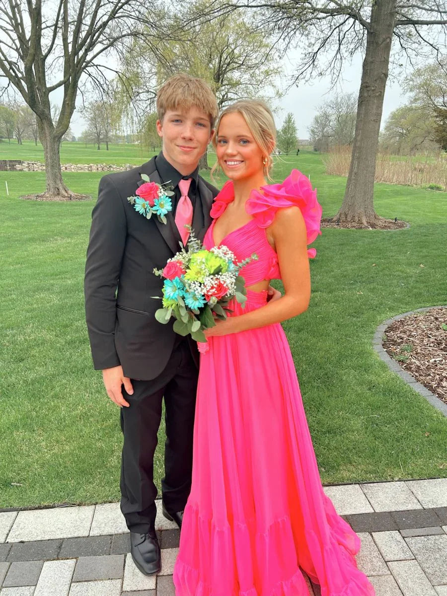Chiffon A Line Ruffle Prom Dresses for Women V Neck Long Bridesmaid Dresses Backless Formal Evening Gowns Y3043