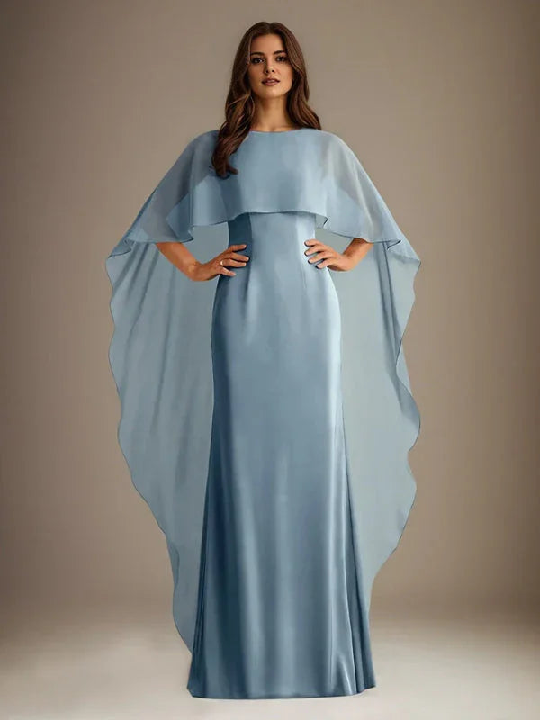 Robe mère de la mariée en mousseline, coupe droite/col bateau, longueur au sol, avec volants en cascade