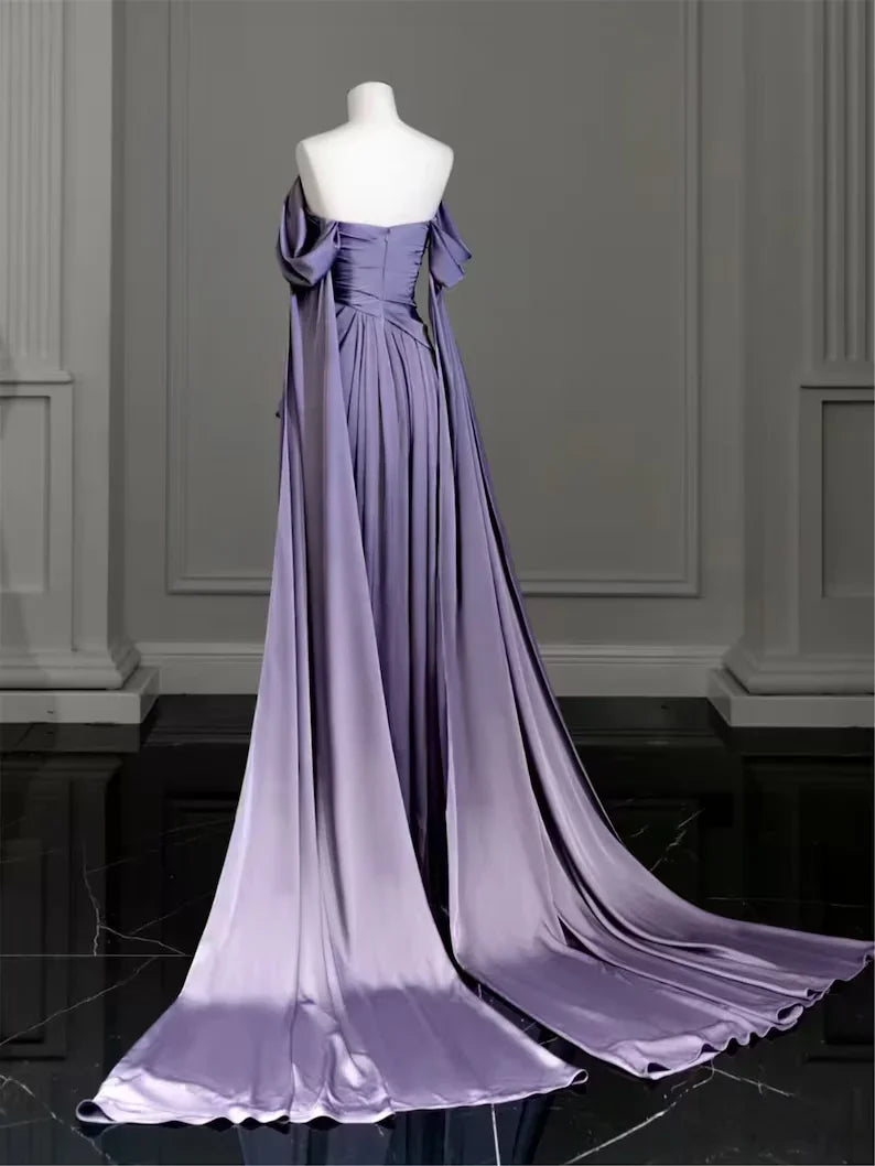 Vestido longo modesto de cetim roxo para baile Vestido de noite roxo Y2589
