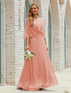 Bridesmaid Dress Women Long Sleeve V-Neck Chiffon Formal Wedding Party Dress 28018