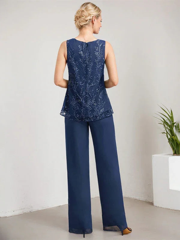 Macacão/Conjunto de Calças com Decote Redondo, Comprimento até ao Chão, em Renda e Chiffon, Vestido de Mãe da Noiva com Lantejoulas