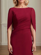 Vestido de Mãe da Noiva em Chiffon com Decote Barco, Corte Trompete/Sereia e Comprimento até ao Chão, com Pregas
