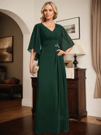 Vestido de Mãe da Noiva em Chiffon, Comprimento até ao Chão, Decote em V, Modelo Coluna com Pregas e Bordados de Lantejoulas