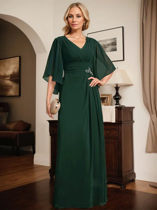 Vestido de Mãe da Noiva em Chiffon, Comprimento até ao Chão, Decote em V, Modelo Coluna com Pregas e Bordados de Lantejoulas