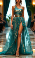 Vestido largo de fiesta verde con tules y abertura, un solo hombro único Y8320