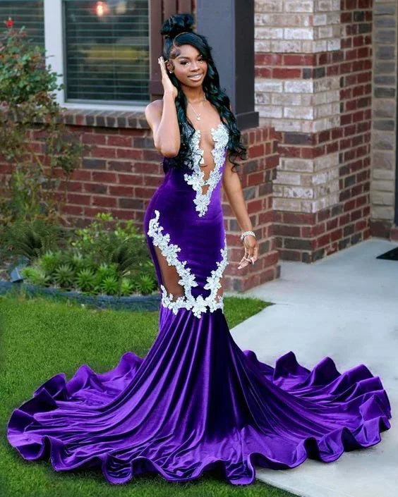 Nuevo vestido de noche morado sirena con encaje elegante cola de pez vestido de fiesta negro para niñas talla grande vestidos formales para ocasiones especiales Y6581