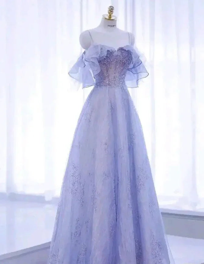 Vestido de Baile de Tule Brilhante com Lantejoulas, Corte em A, Estilo Fada, Modelo Y7793