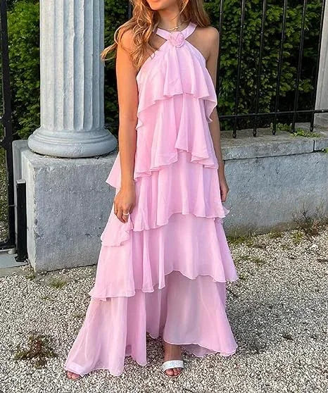 Vestido de baile cor-de-rosa para mulher, em linha A com folhos, vestido de noite cor-de-rosa sem costas Y4532