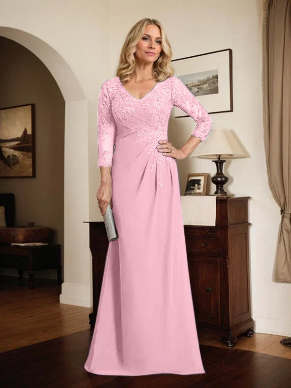 Vestido de madrina de novia con escote en V ilusión, corte columna, largo hasta el suelo, de encaje y gasa con lentejuelas plisadas