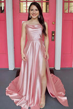 Robe de bal longue en satin rose simple avec fente haute, robe de soirée formelle longue rose pour la remise des diplômes Y212