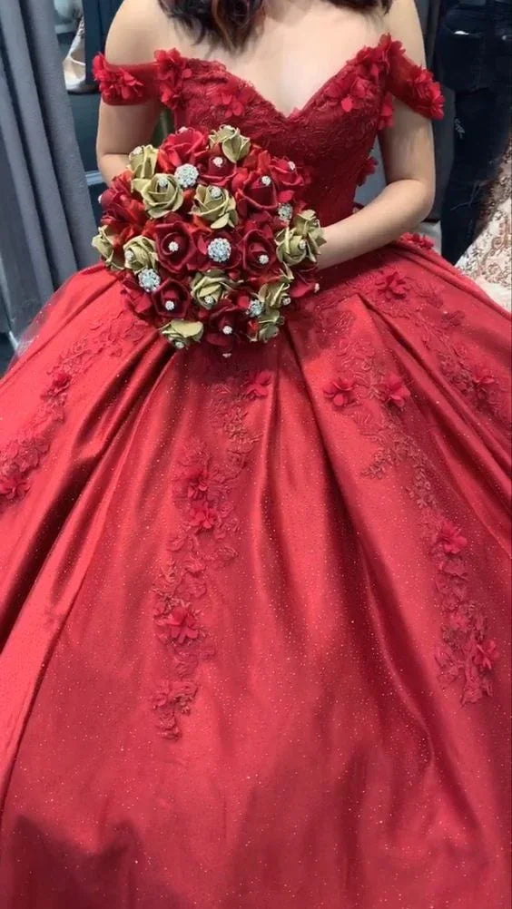Vestido de Baile Vermelho com Ombros Descobertos e Apliques Vestido Doce 16 Y6454