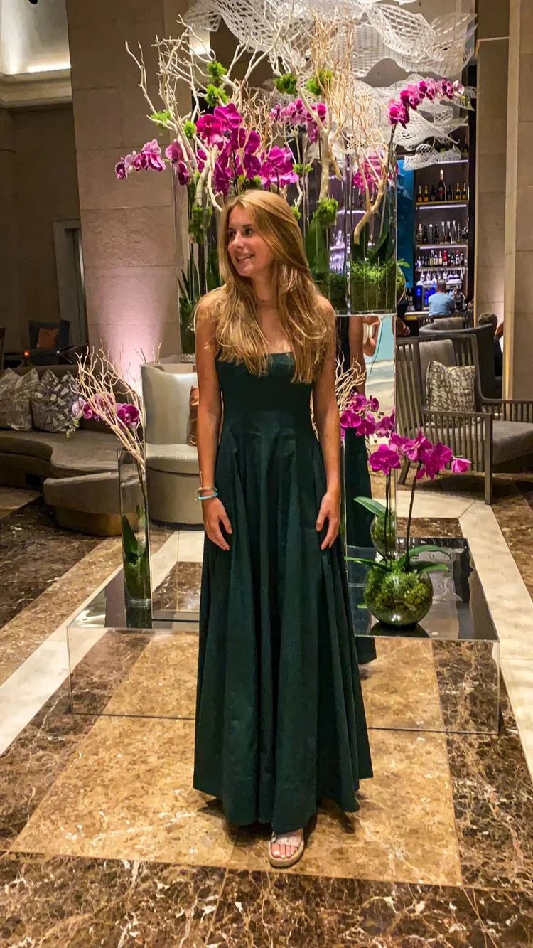 A-line Square Neckline Green Evening Dress Modest Formal Gown Y692