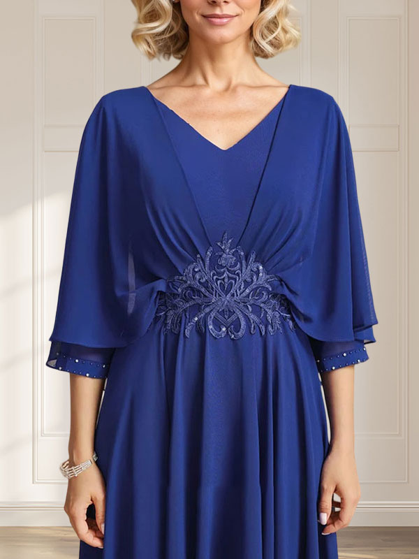 A-line V-Neck Tea-Length Chiffon Mother of the Bride Dress With Pleated Sequins Appliques Lace Beadind