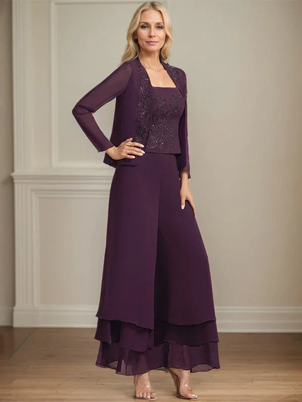 Separates Jumpsuit/Pantsuit Square Ankle-Length Lace Chiffon Mother of the Bride Dress With Sequins