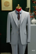 Three Piece Light Grey Wool Suit With Tailored Blazer Waistcoat And Trousers