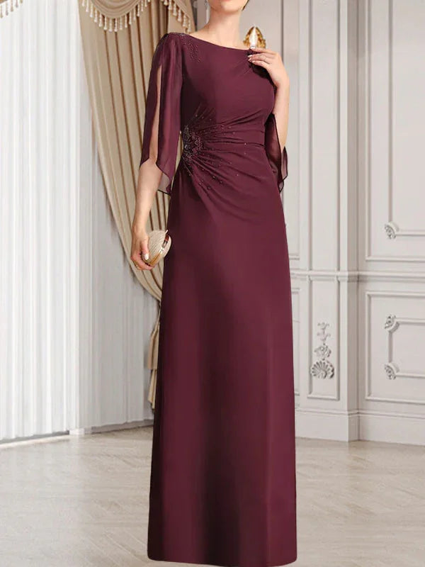 Etui/Säulenförmiges Bodenlanges Chiffonkleid für die Brautmutter mit Falten und Perlenstickerei