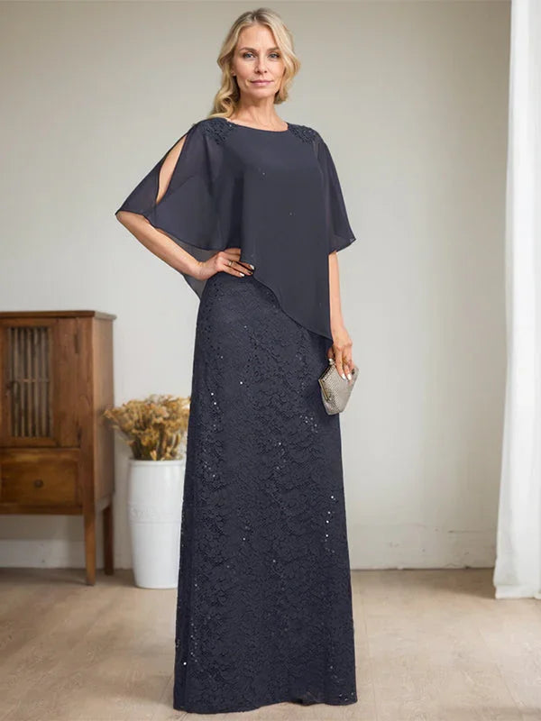 Etui/Säulenförmiges Bodenlanges Kleid aus Chiffon und Spitze für die Brautmutter mit Paillettenperlenstickerei
