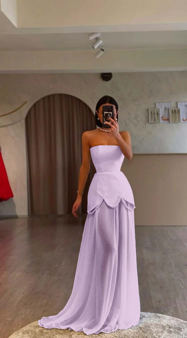 White Strapless Pleated Beaded Long Prom Dress With Custom Colors And Sizes