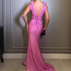 Vestido de baile de cor sólida sem mangas com decote em V profundo
