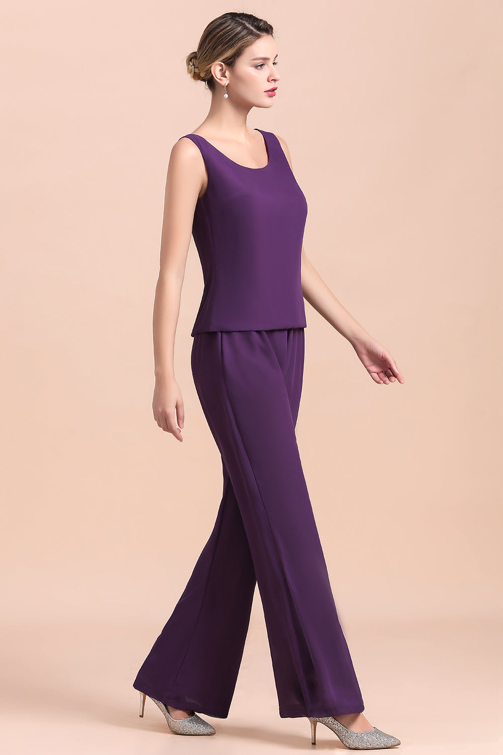 BMbridal Affordable Straps Beading Grape Chiffon Mother of Bride Jumpsuit Online with Wrap