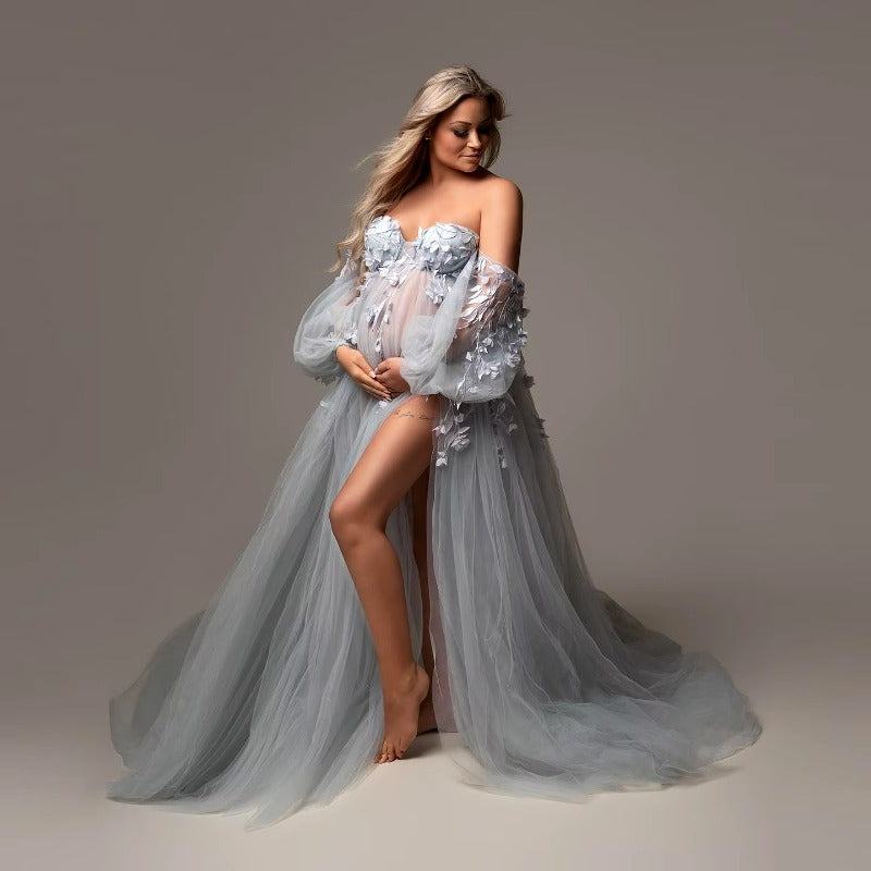 Abito premaman elegante in tulle con applicazioni, maniche a sbuffo, spacco laterale, scollo a cuore, abiti premaman per servizio fotografico, abito per festa premaman su misura